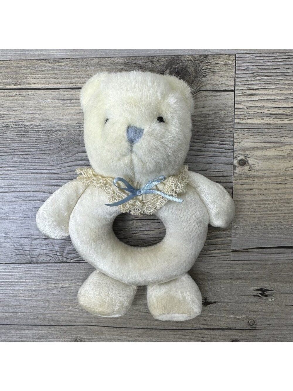 Vintage Russ Berrie Bear Hand Rattle Plush Bear Off White Lace Trim 3318
